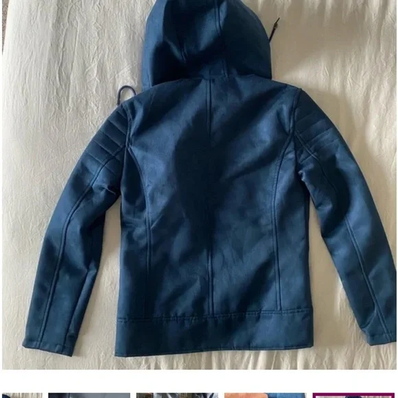 “F Collections" Jacket Size Small Blue Suede Zippered Front Long Sleeve Hooded - Picture 5 of 8